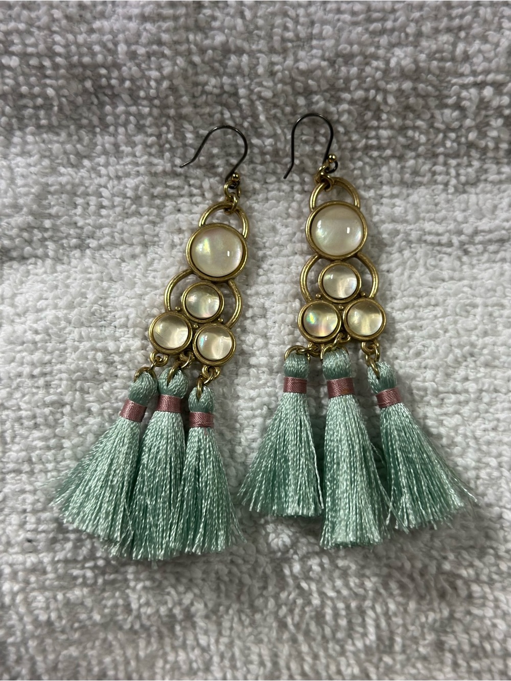 Gold and Mint Tassel Drop Earrings with Pearl Accents